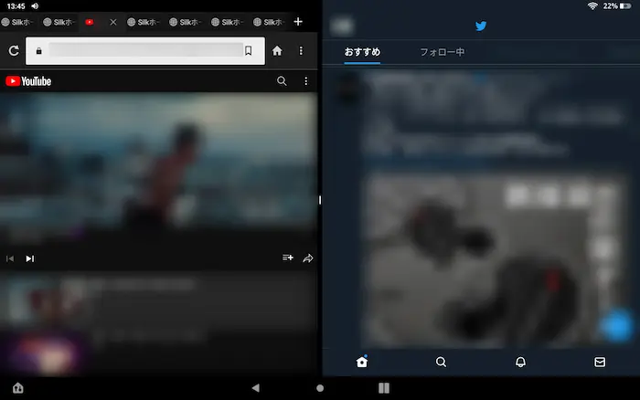Fire HD 10で2画面表示（YouTubeとTwitter）